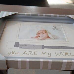 Gray and White Striped Baby Memory Book with 'You Are My World' Text